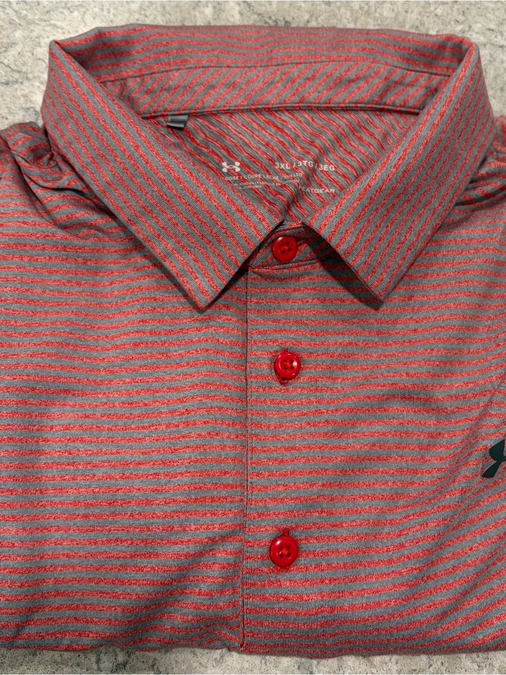 Under Armour Heat Gear Red and Gray Striped Loose Fit Button-Down Polo-3XL